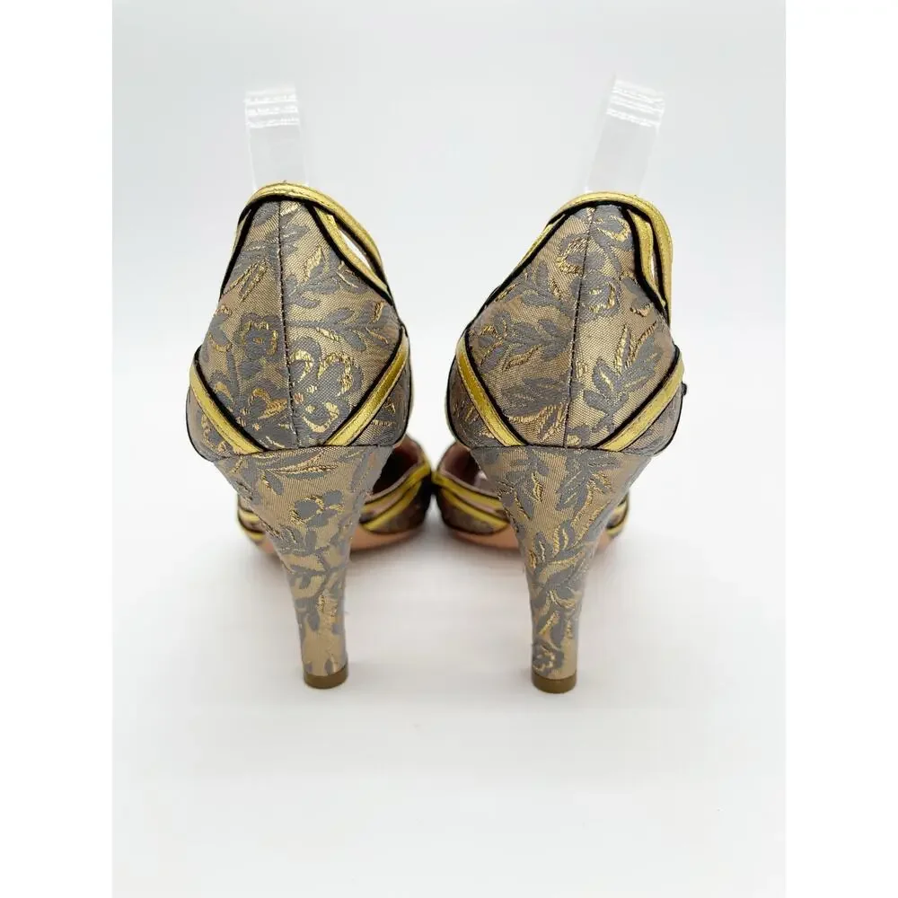 Prada Vintage Gold Floral Brocade Retro Baroque Strappy Square Toe Heels IT 40 - Picture 8 of 11